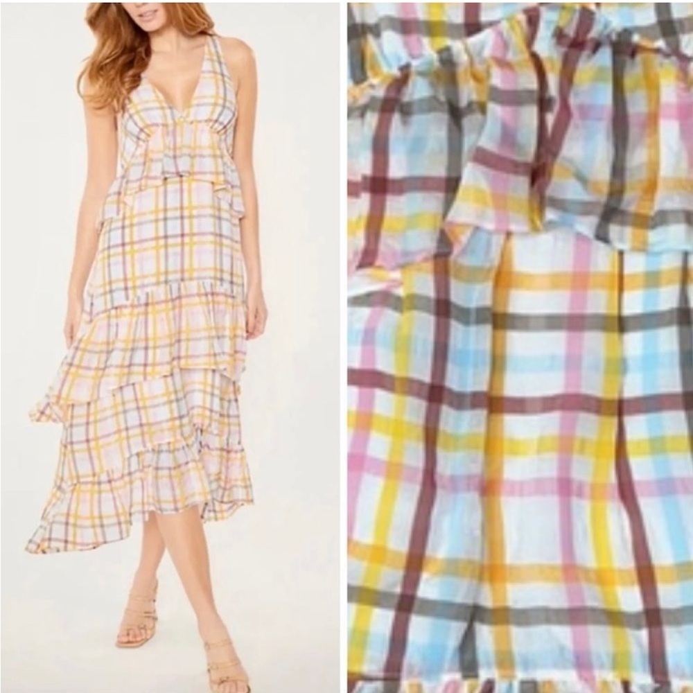 Cinq A Sept Astor Tartan Plaid Tiered Halter A-Line Maxi Dress Preppy White 2